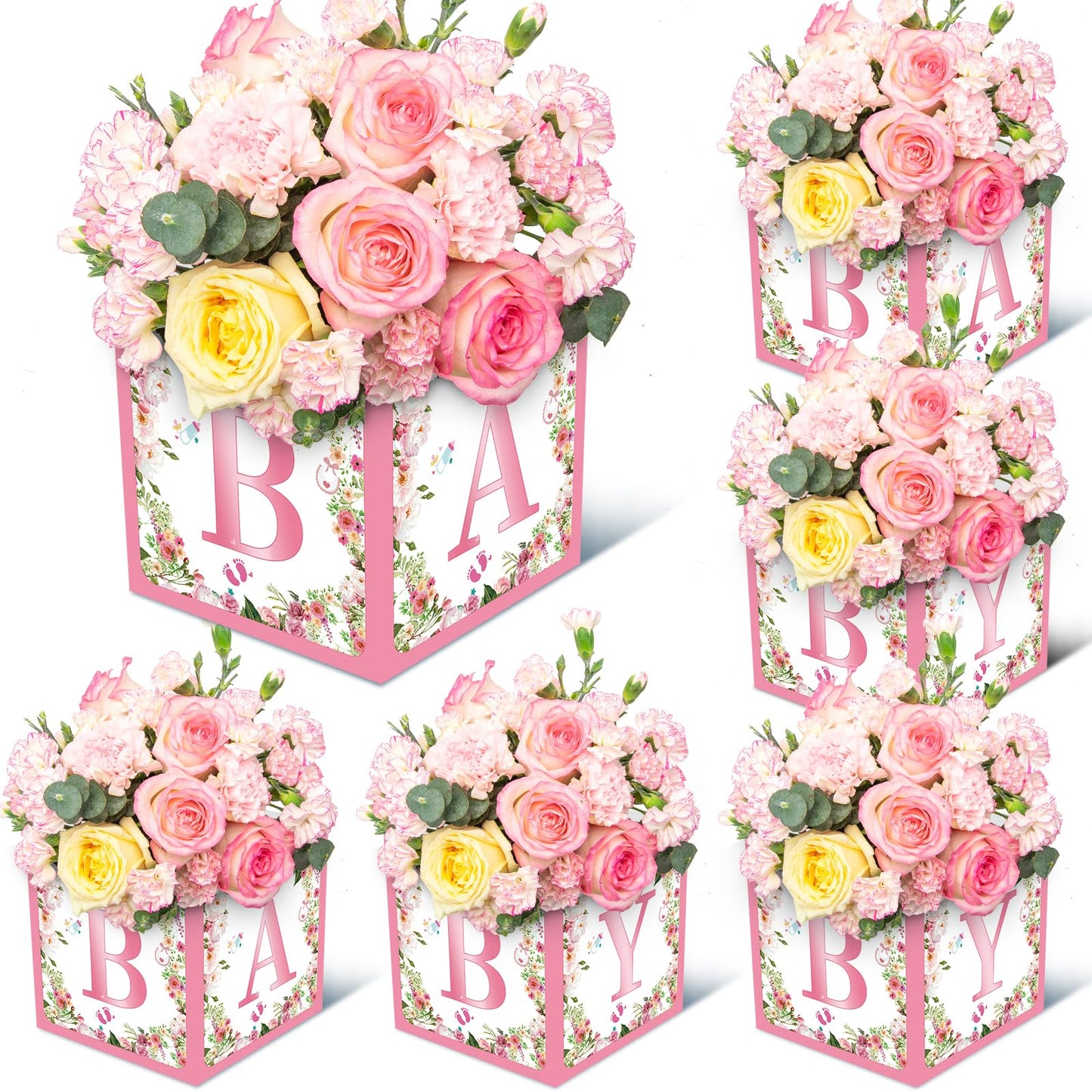 Jremreo 6 Pack 7x7x7 Inches Pink Floral Baby Shower Centerpiece Boxes with 'BABY' Letters, Perfect for Girl Baby Shower, Gender Reveal Party Favors