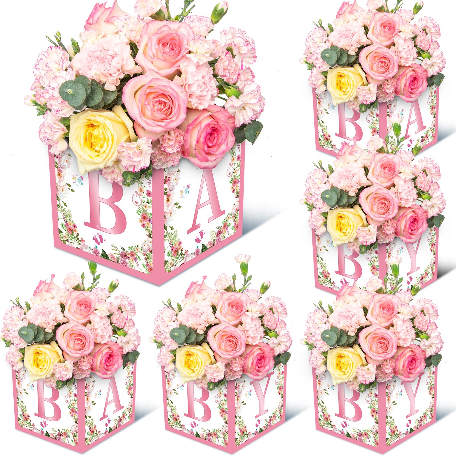 Jremreo 6 Pack 7x7x7 Inches Pink Floral Baby Shower Centerpiece Boxes with 'BABY' Letters, Perfect for Girl Baby Shower, Gender Reveal Party Favors