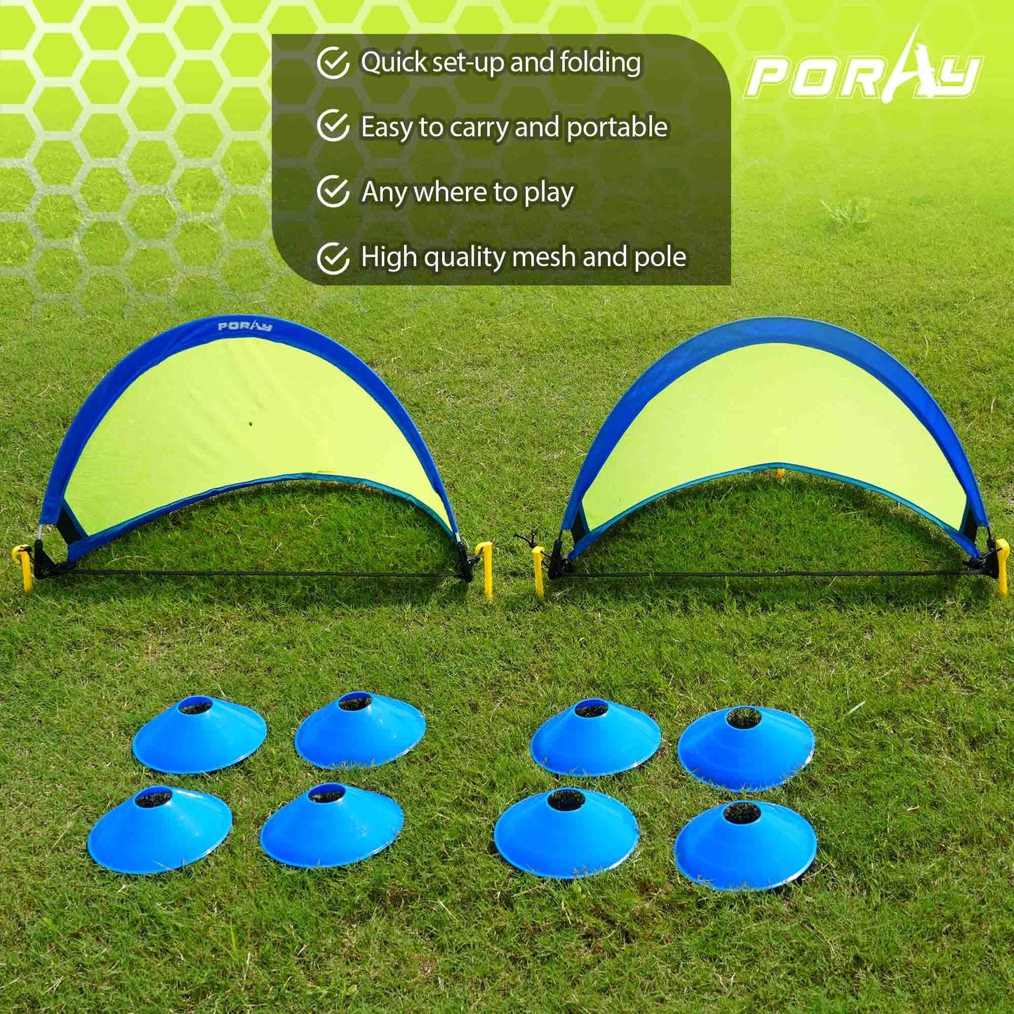 Poray Soccer Goal for Kid Easy-up Set of Two Portable Soccer Net 210D Oxford with 8 Field Marker Cones Extra Stakes Fun for Backyard and Soccer