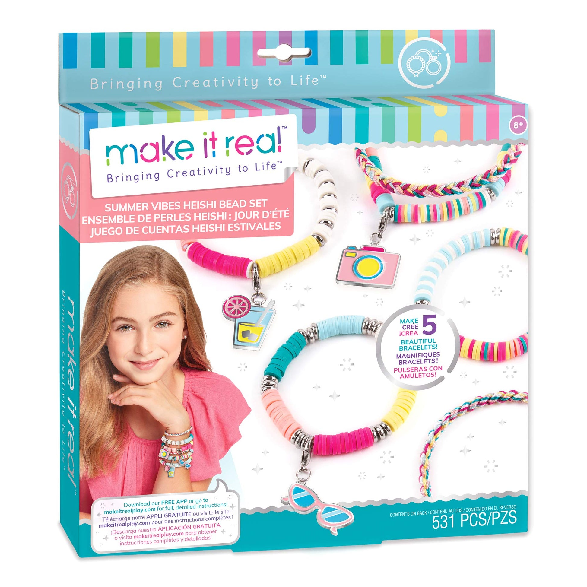 Make It Real - Summer Vibes Heishi Bead Bracelets - DIY Charm Bracelet Making Kit with Case - Friendship Bracelet Kit with Beads, Charms & Thread