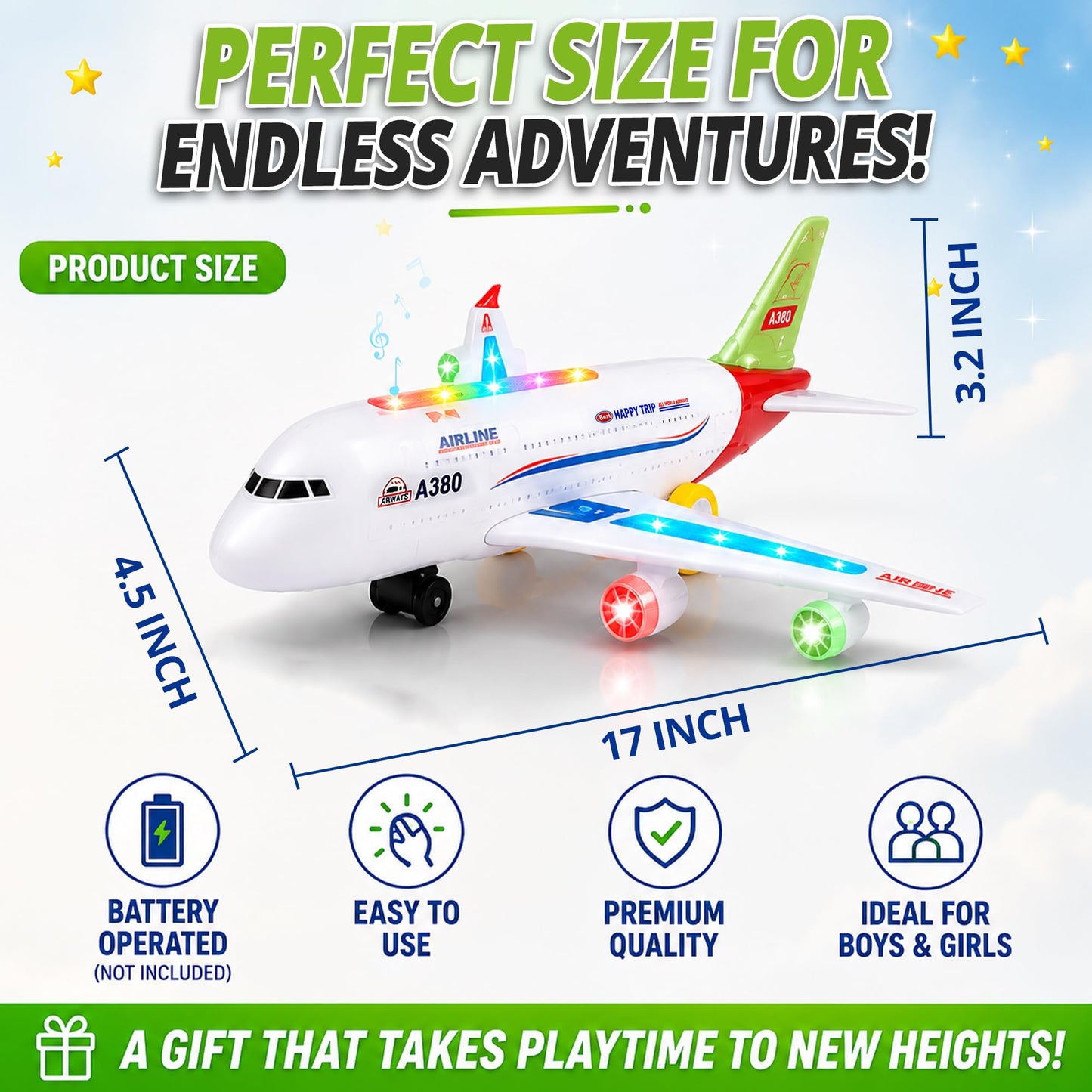 Toysery Airbus A380 Bump and Go Airplane Toy, Lights & Sounds, Ages 3-12