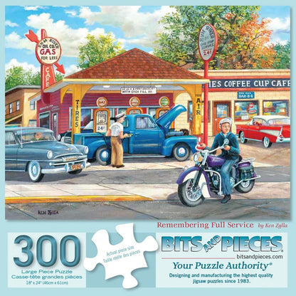 Bits and Pieces 300 Piece Puzzles for Adults - Remembering Full Service - 300 Large Pieces 18" x 24" Jigsaw Puzzles, Classic Cars Gas Staion