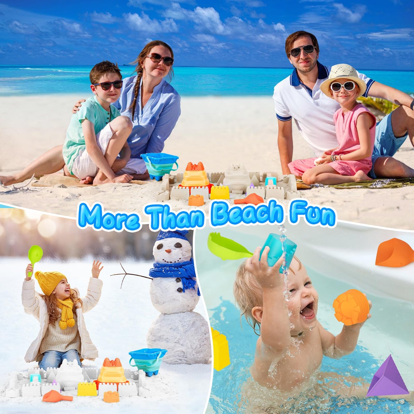 HUGCATY Beach Toys, Collapsible Sand Toys - 9pcs Sand Castle Building Kit: Foldable Sand Buckets, Shovels, Castle Molds & Packable Mesh Bag - Sandbox