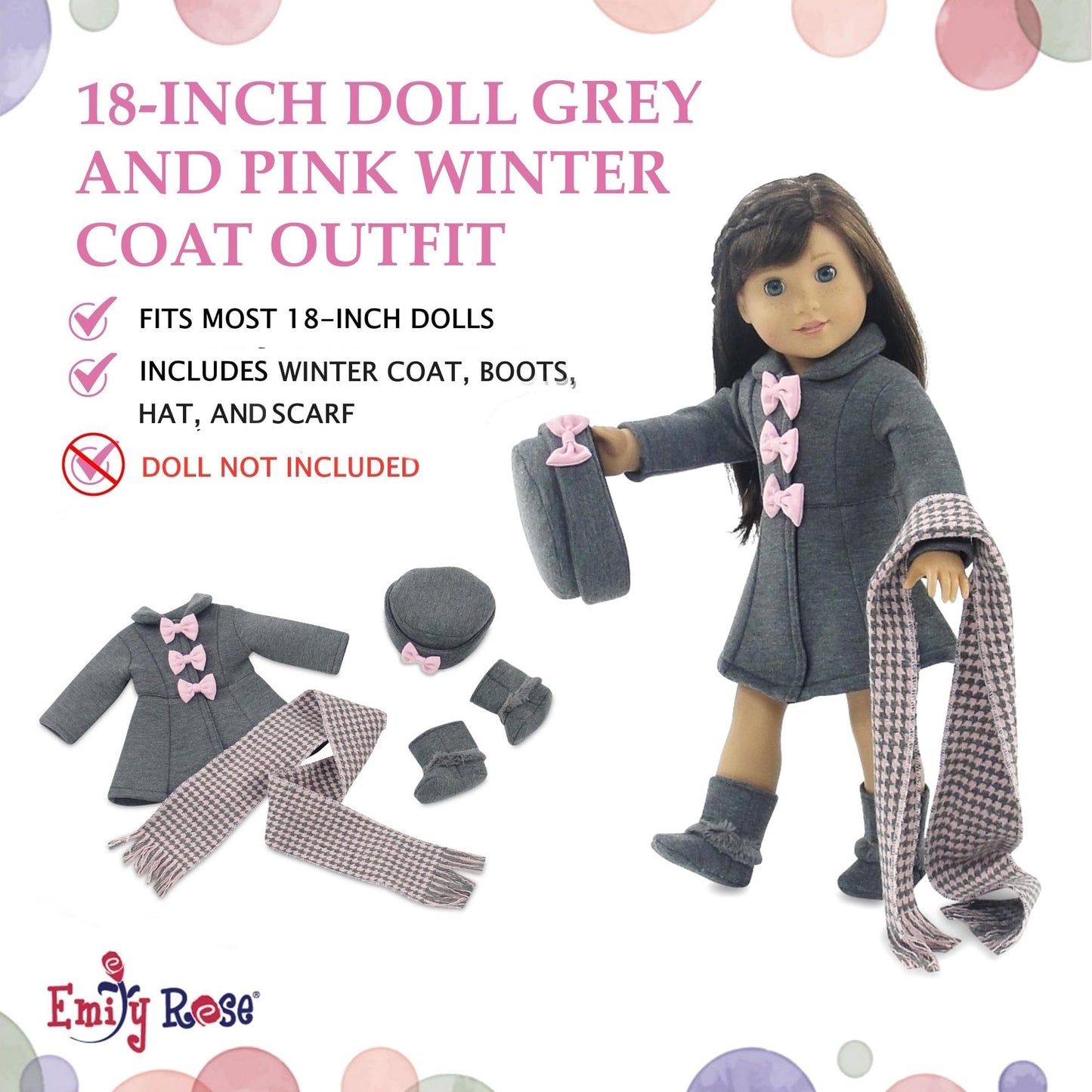 Emily Rose 18-inch Doll Clothes Grey and Pink 4 PC Winter Coat Outdoor Outfit, Includes Matching Hat, Boots and Scarf | Compatible with 18" American