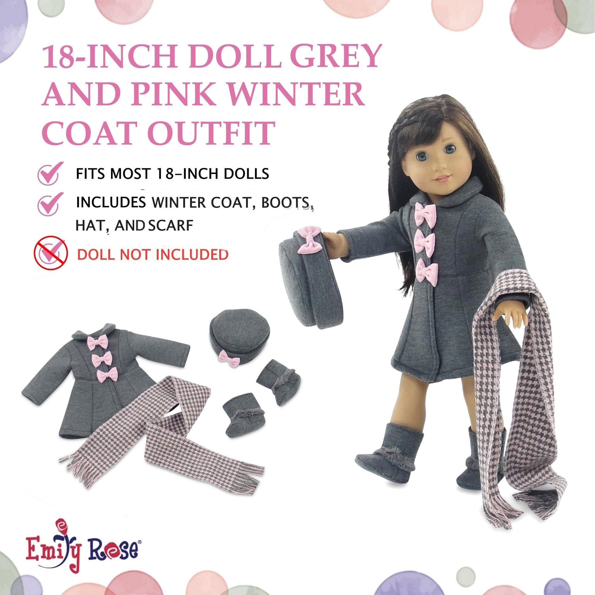 Emily Rose 18-inch Doll Clothes Grey and Pink 4 PC Winter Coat Outdoor Outfit, Includes Matching Hat, Boots and Scarf | Compatible with 18" American