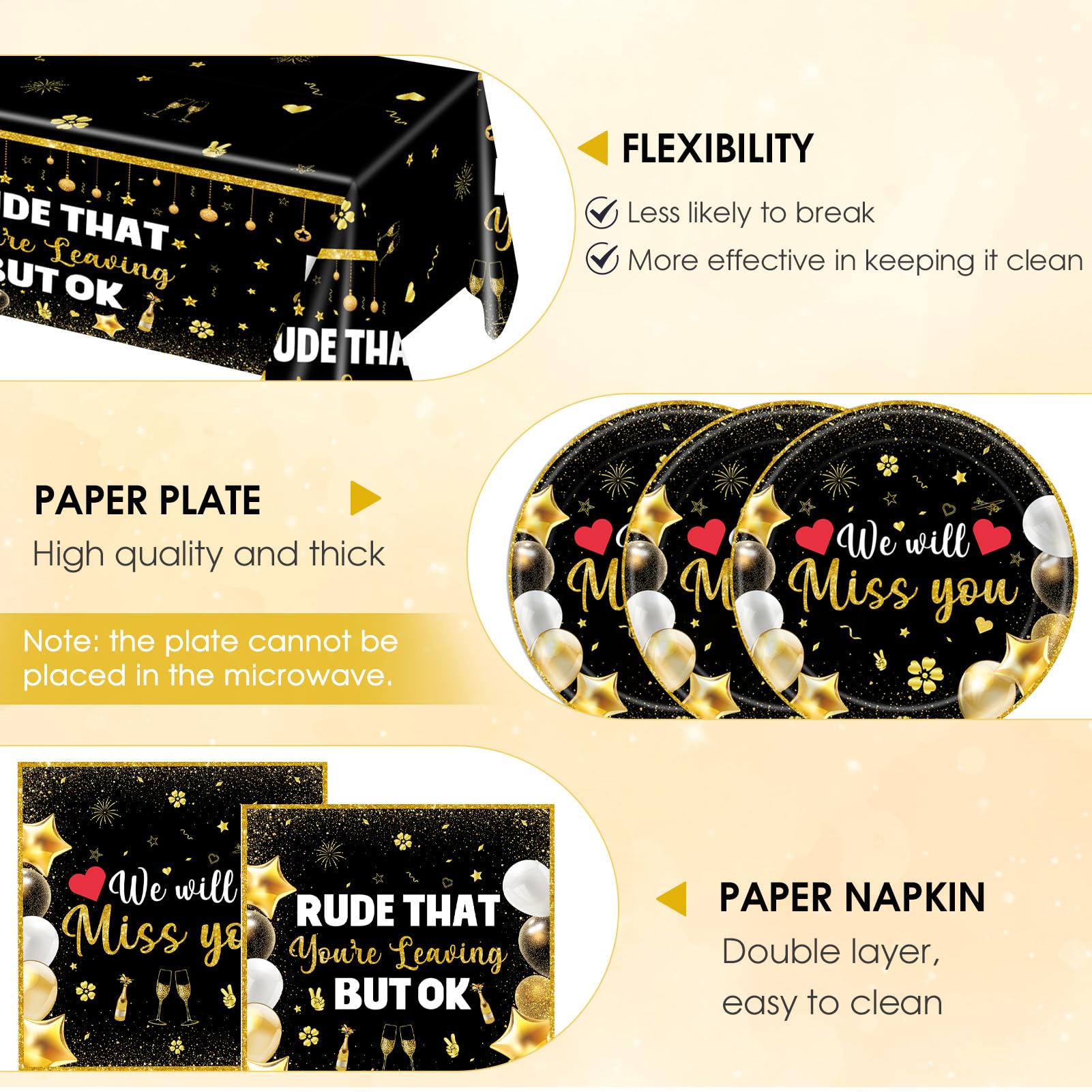 41Pcs We Will Miss You Decorations Rude That You'Re Leaving But Ok Party Supplies Black Gold Plates Napkins Tablecloth, for Coworker Leaving Farewell