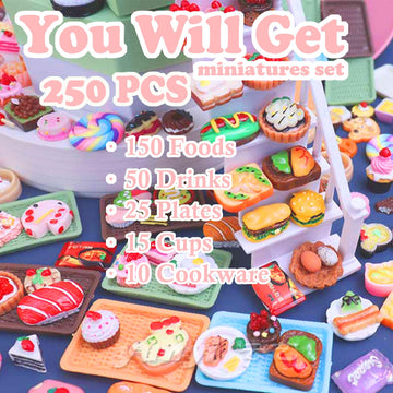250Pcs Mini Food Miniatures Food Drinks Bottles Toys Doll House Accessories 1:12 Playset Kitchen Game Pretend Play Party Mini Things Stuff Tiny Baking