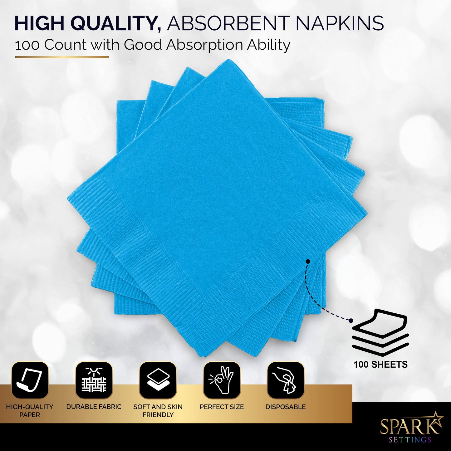 Amcrate Big Party Pack 100 Count Caribbean Blue Beverage Napkins - Ideal for Wedding, Party, Birthday, Dinner, Lunch, Cocktails. (4” x 4”)