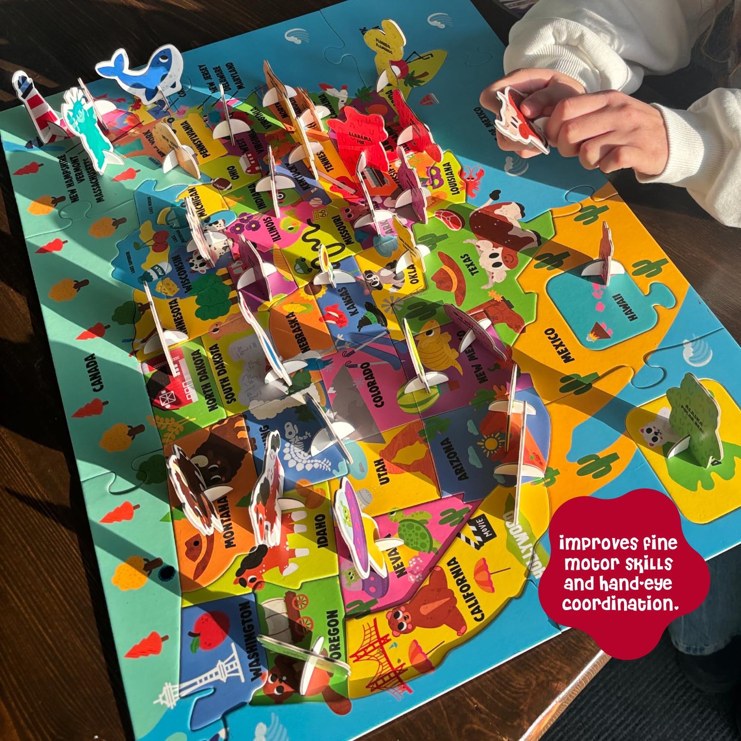 Dinomini Giant USA Map Puzzle for Kids - with Interactive Standing Figures - Floor Puzzles for Kids Ages 3-5 - Preschool Learning Activities