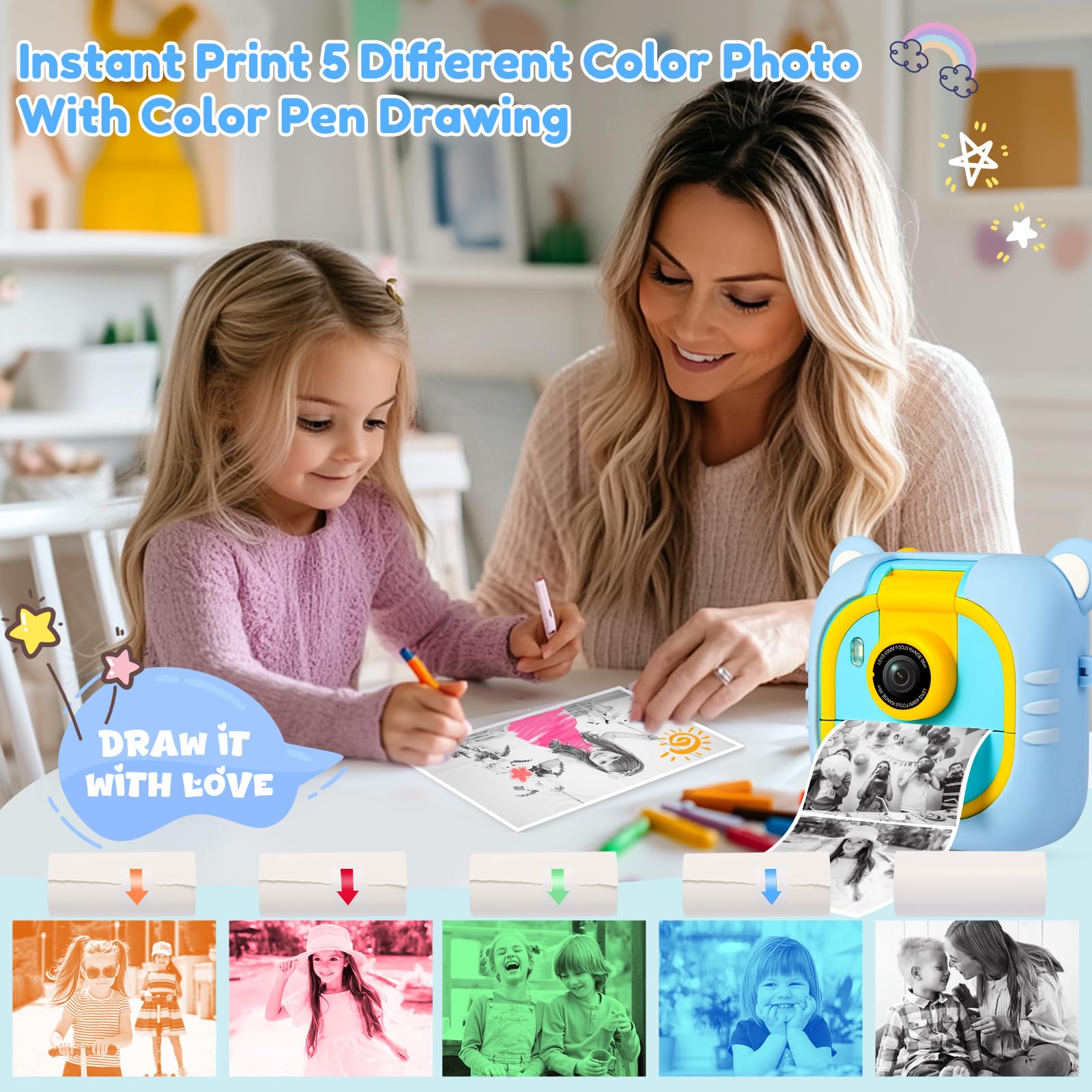 Kids Camera Instant Print, 7 Print Paper (4 Color: O/R/G/B+3 B&W), 2.4" Screen Instant Camera for Kids Ages 3-12,1080P, 180°Flip Lens,32GB Card