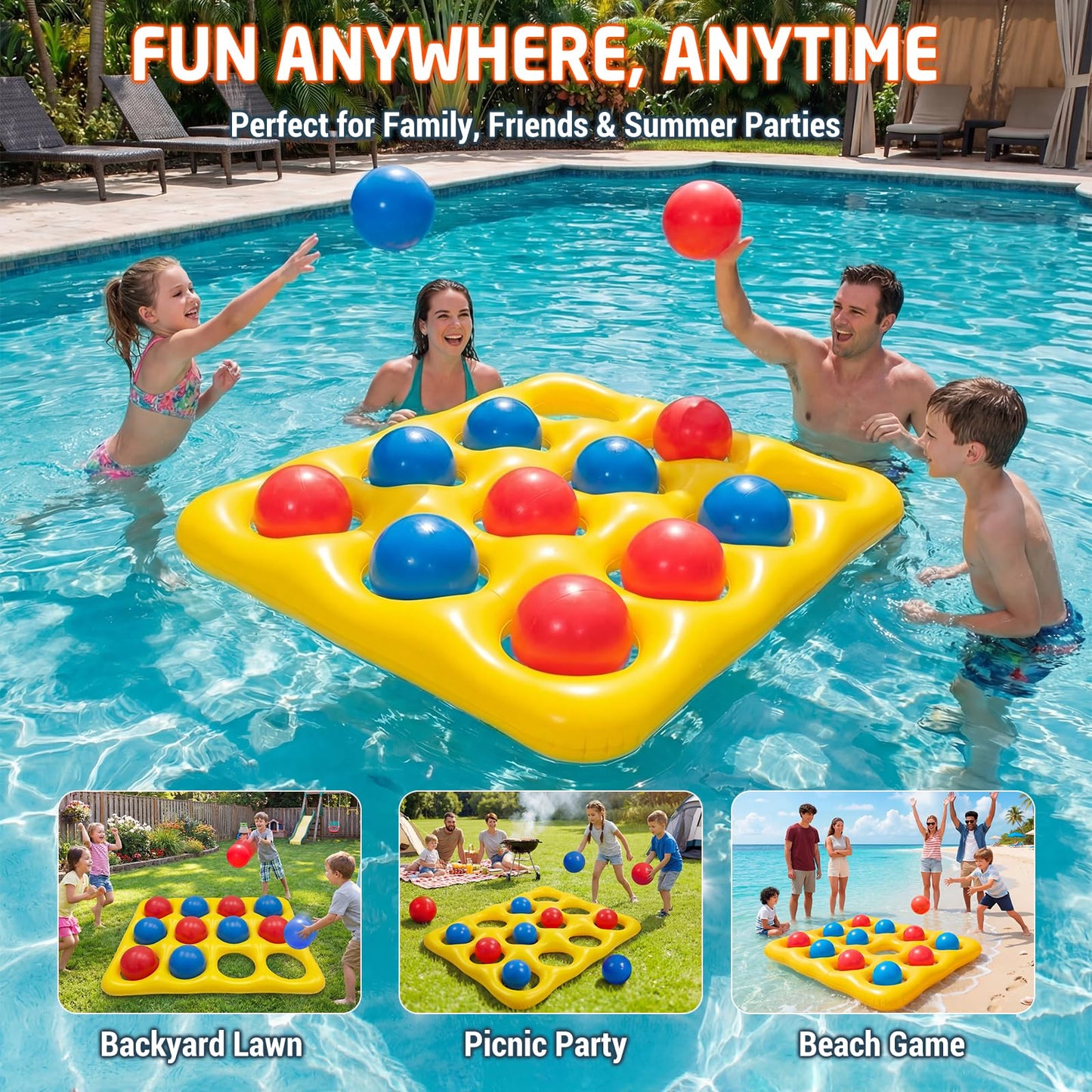 Feyichi Pool Toys, Pool Tic Tac Toe Game Set with 12 Inflatable Balls, Pool Games for Kids/Adults/Teens, Outdoor Water Games, Suitable Pool Beach