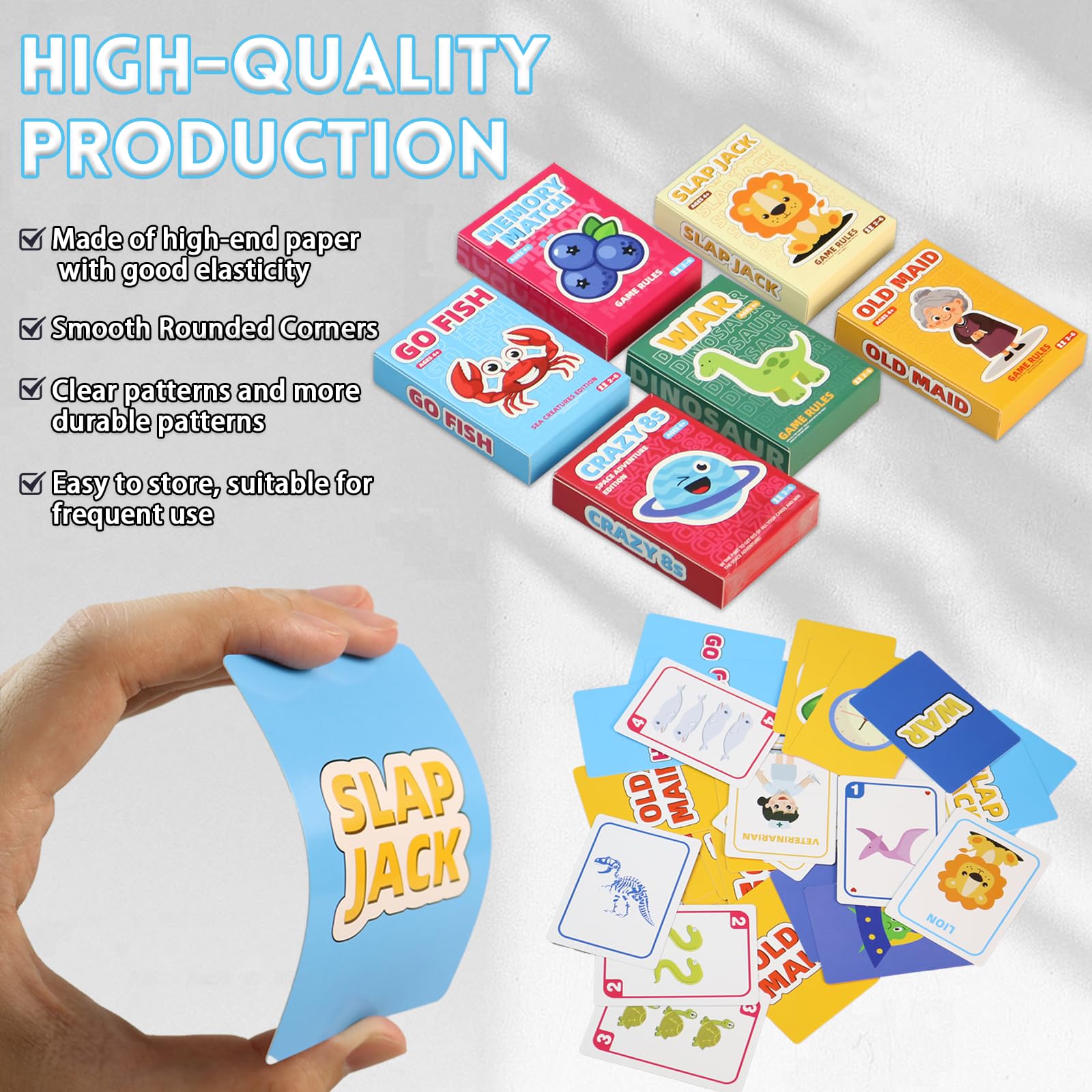 Floatlive Kids Card Games Pack, 6 Decks, Go Fish, Old Maid, Crazy Eights, Memory Match, Slap Jack, War, Playing Cards, Family Party Table Games