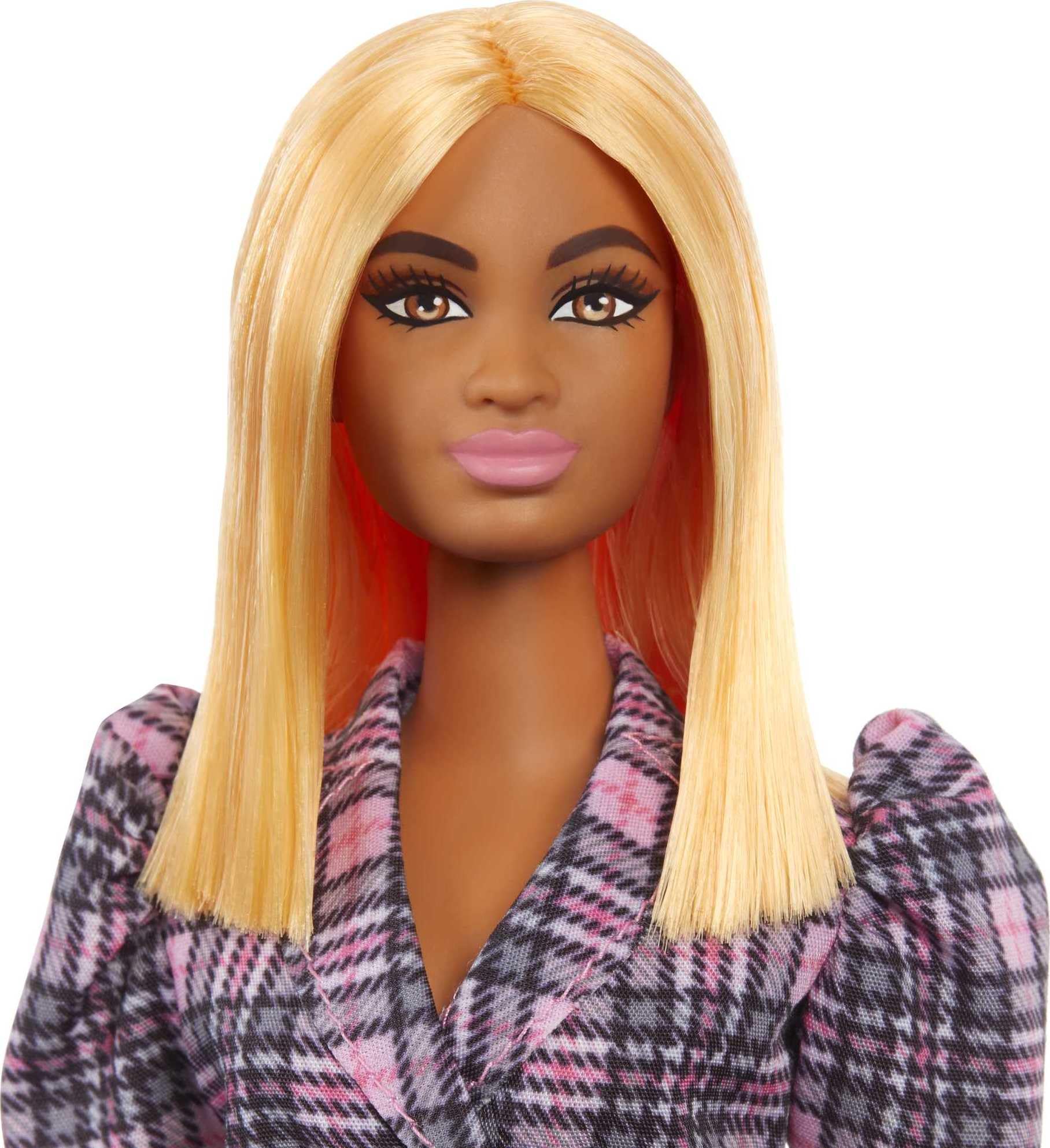 Barbie Fashionistas Doll #161, Curvy with Orange Hair, Pink Plaid Dress & Accessories Including Black Boots & Yellow Fanny Pack