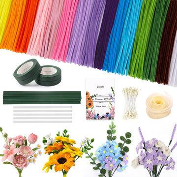 1050 PCS Pipe Cleaner Flower Kit, 15 Assorted Colors Pipe Cleaners Craft,Chenille Stems for DIY Flower Making Kit with Instructions,Floral