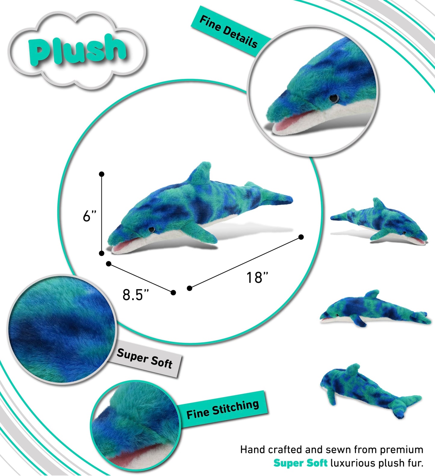 DolliBu Blue Tie-Dye Dolphin Super Soft Stuffed Animal, Cute Realistic Stuffed Animals for Girls, Boys, Adults Animal Gifts, Kids Nursery Decor