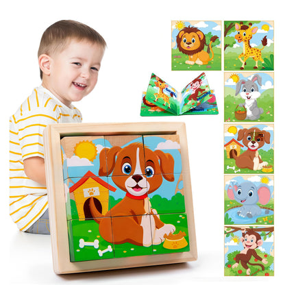 PLUSYARD Wooden Animals Block Puzzles for Kids, Ages 2-4, 6-in-1 Montessori Educational Toys with Book, Jigsaw Puzzles for Preschool Learning, Rubber