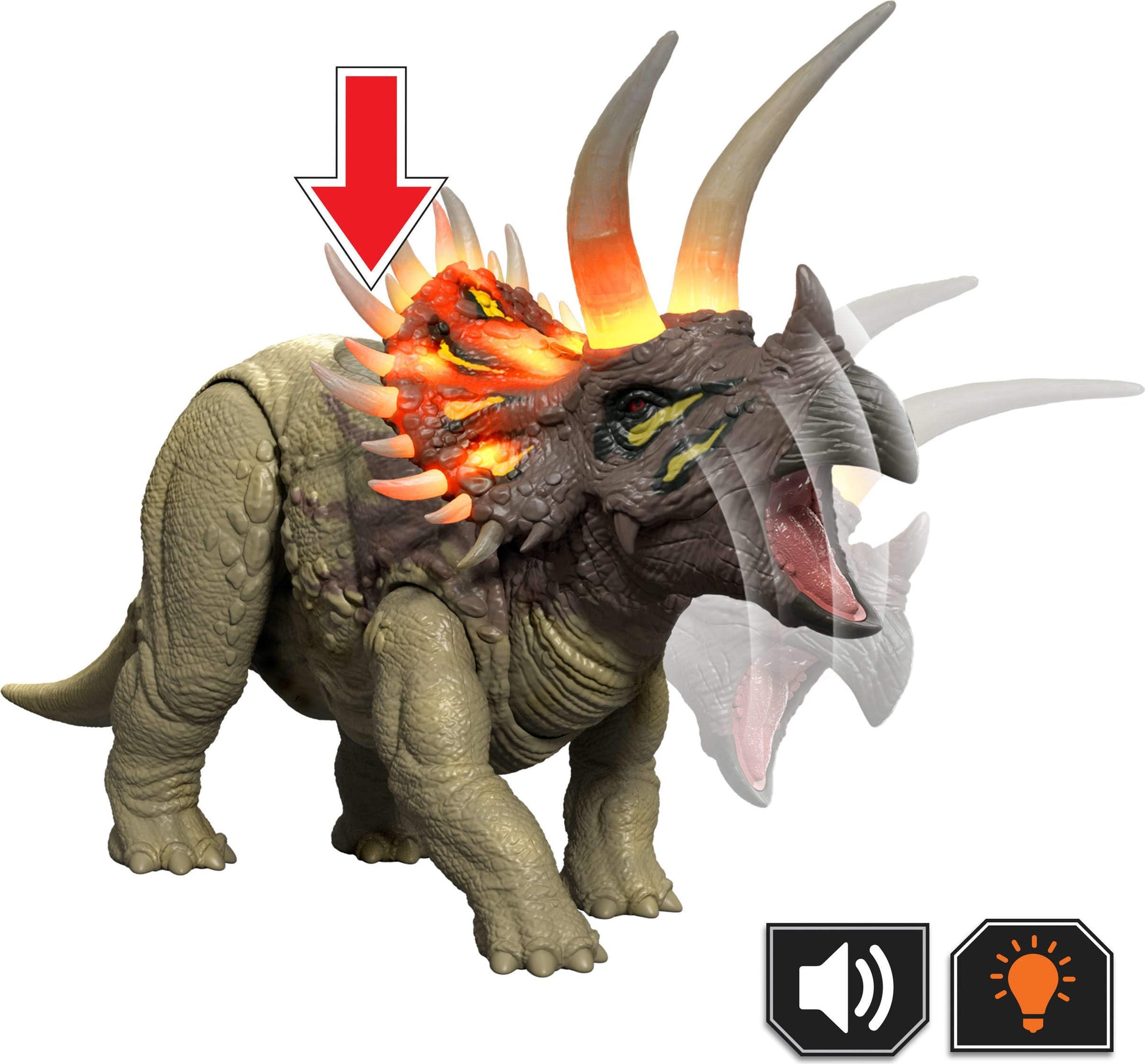 Mattel Jurassic World Wild Roar Triceratops Dinosaur Action Figure Toy, Roar Sounds & Attack & Lights, Scan Code for Digital Play