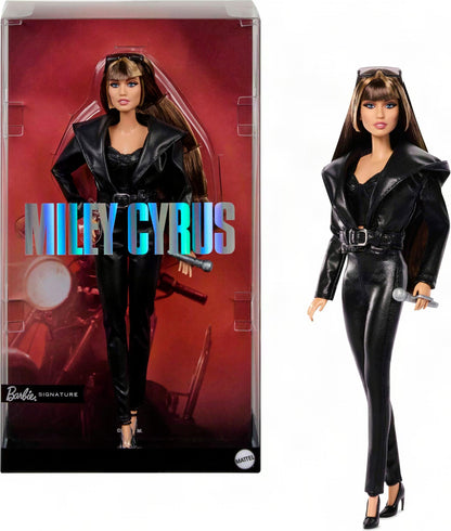 Barbie Signature Doll, Miley Cyrus Posable Collectible in Faux Leather Outfit with Hood and Heels