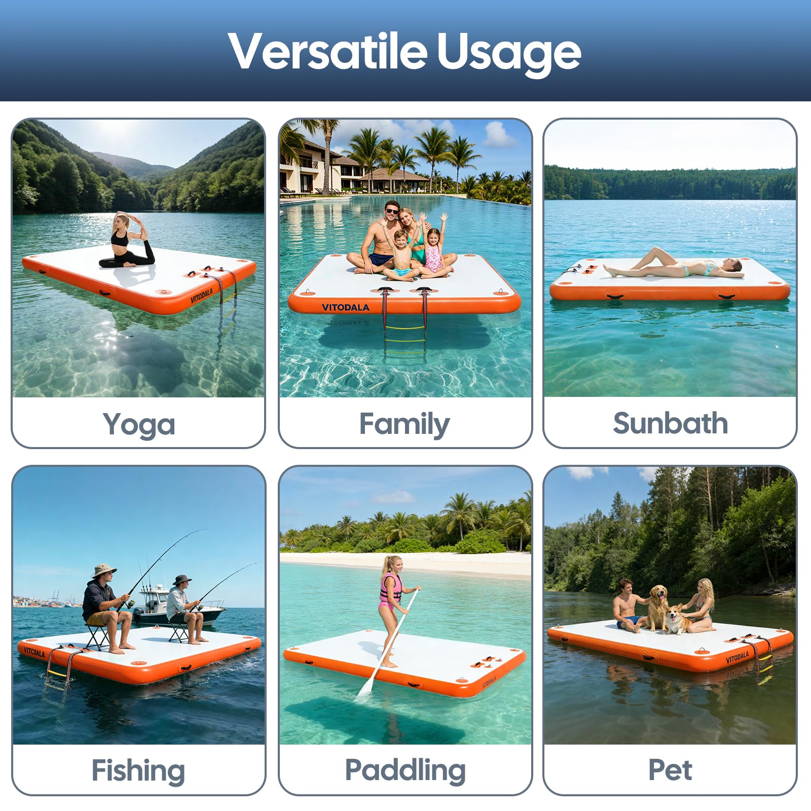 Inflatable Floating Dock, Water Island Float Raft Mat with Non-Slip Surface, 5FT/8FT/10FT Air Deck Platform, 6 Inch Thick for Pool, Lake, River
