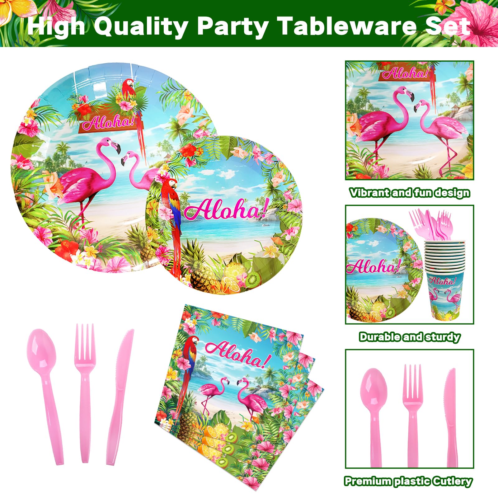 175 Pcs Aloha Tropical Flamingo Party Supplies Set - Serves 25, Hawaiian Luau Disposable Tableware, Includes Plates, Cups, Napkins, Forks, Spoons