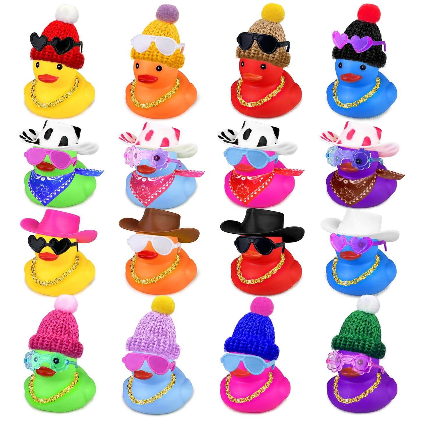 16Set 64PCS Mini Duck Toys Bulk Decoration with Hat Scarf Necklace Sunglasses Cute Tiny Duck Figurines for Kids Teens Birthday Baby Shower Swimming