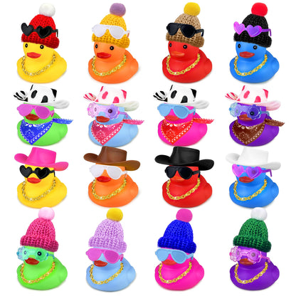 16Set 64PCS Mini Duck Toys Bulk Decoration with Hat Scarf Necklace Sunglasses Cute Tiny Duck Figurines for Kids Teens Birthday Baby Shower Swimming