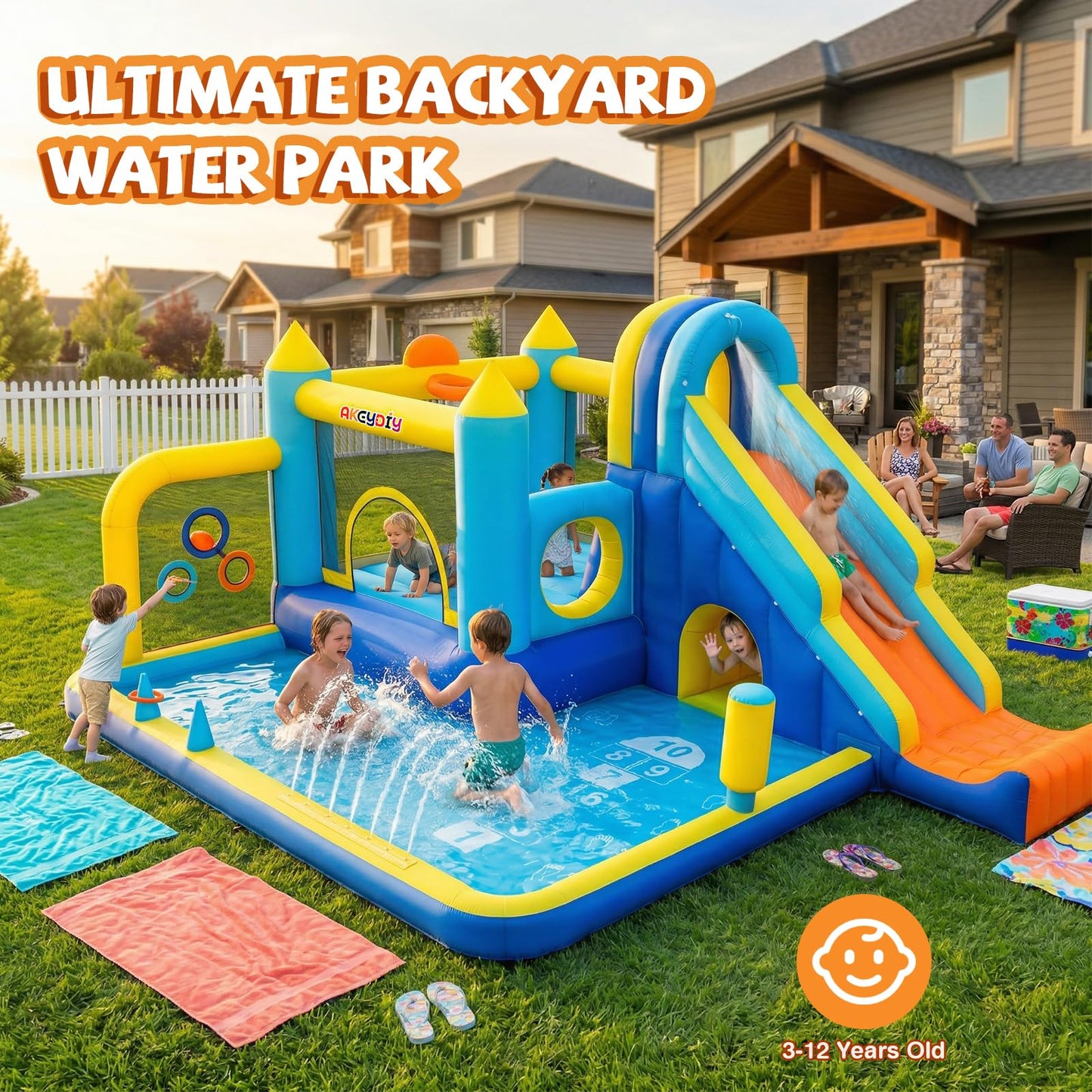 AKEYDIY Inflatable Bounce House, 15-in-1 Big Water Slide Backyard for Kids 3-12, Outdoor/Indoor Jumping Castle with with Jumping Area, Long Slide