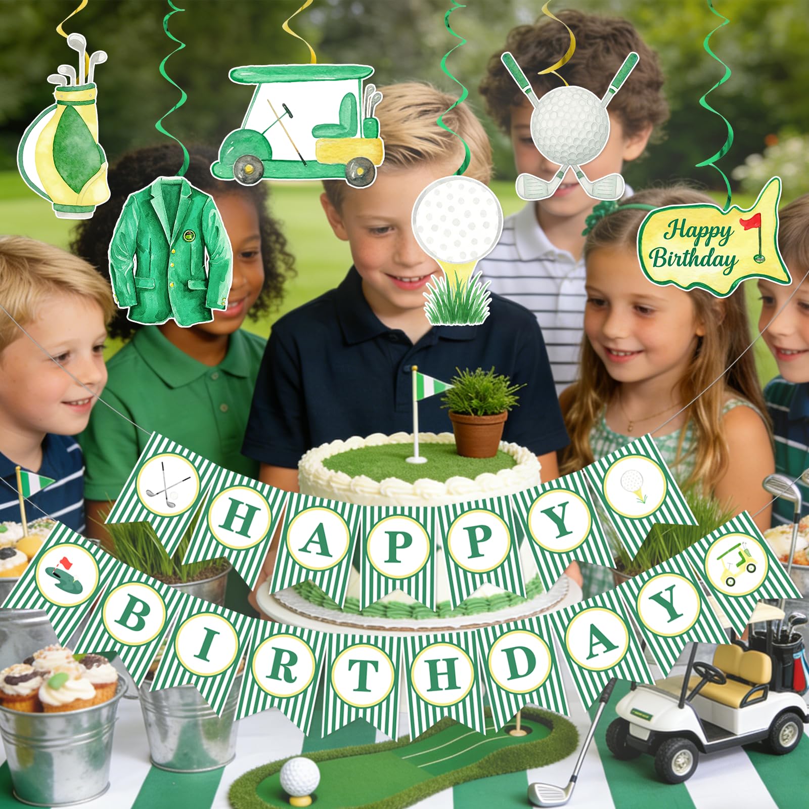 Golf Birthday Decorations - Golf Birthday Banner Hanging Swirls Hole In One Party Decorations for Kids Adults, Green