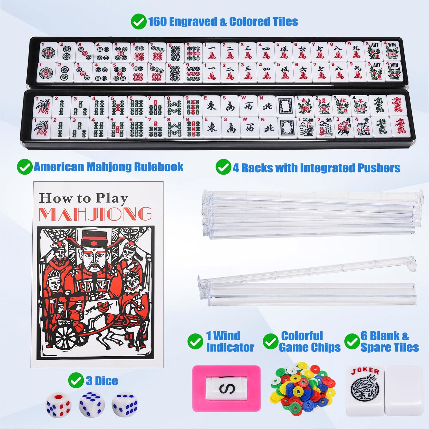 ADAH American Mahjong Set with 166 Tiles, 4 All-in-One Rack/Pushers, Premium Melamine Scratch-Resistant Tiles, Embroidered Blue Travel Case - Complete