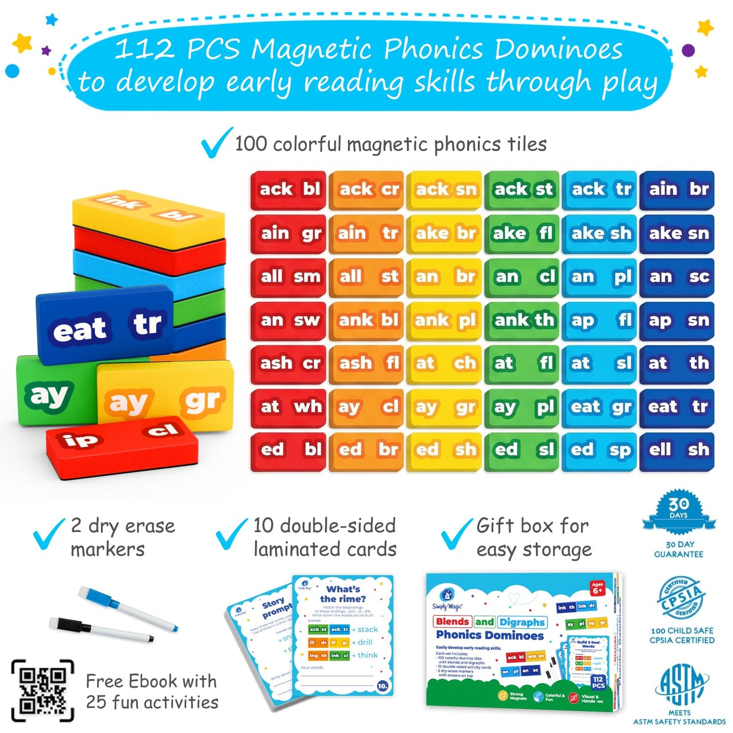 Simply Magic 122 PCS Magnetic Phonics Dominoes - Blends and Digraphs, Phonics Games for Kids, Phonics Manipulatives, Phonics Magnetic Letter Tiles