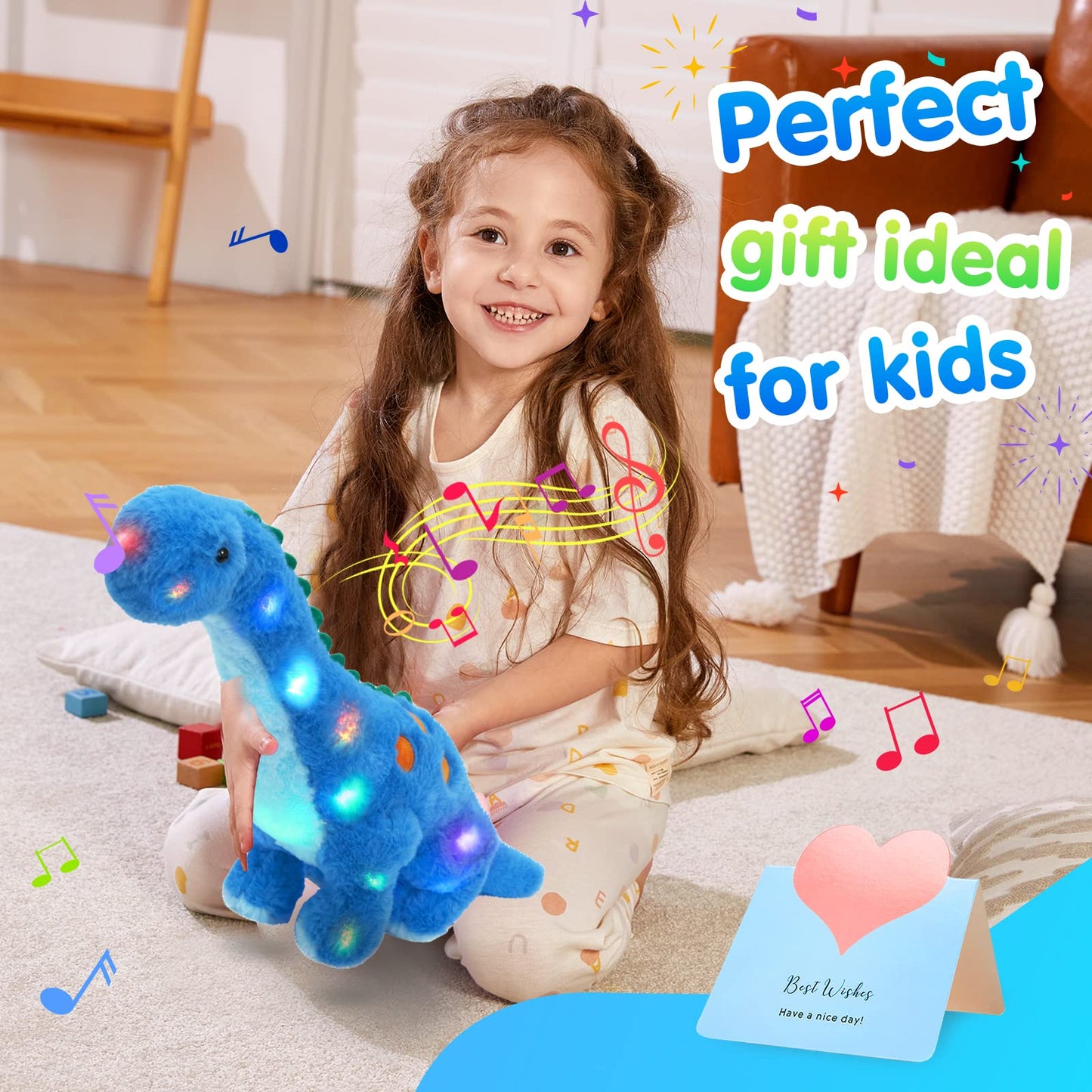 Houwsbaby 14" Blue Musical LED Dinosaur Stuffed Animal Floppy Diplodocus Plush Toy Singing Light Up Adorable Long Neck Lullaby Animated Soothe Baby