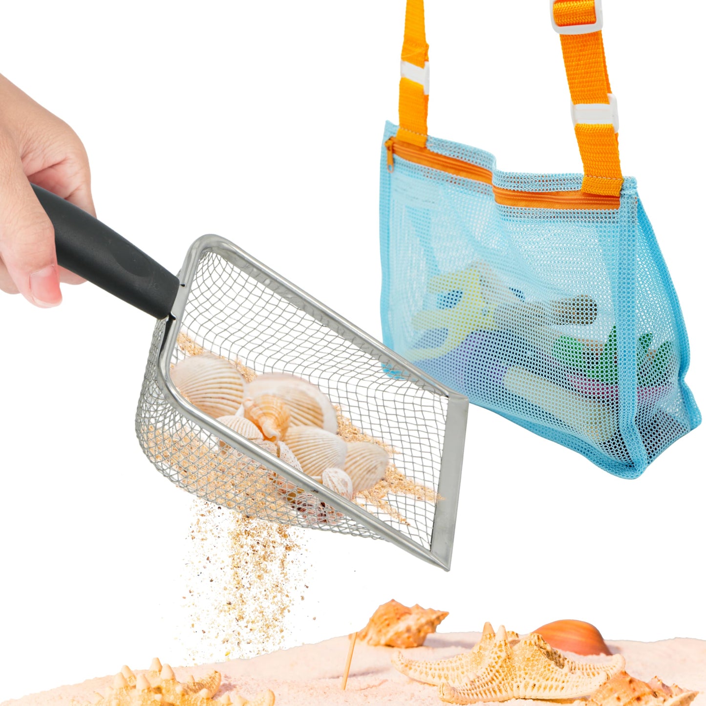 4E's Novelty 2X Shark Tooth Sifter for Beach with 2X Small Mesh Beach Bag for Shell Collecting, Metal Sand Scoop for Picking Up Shells - Beach Toys