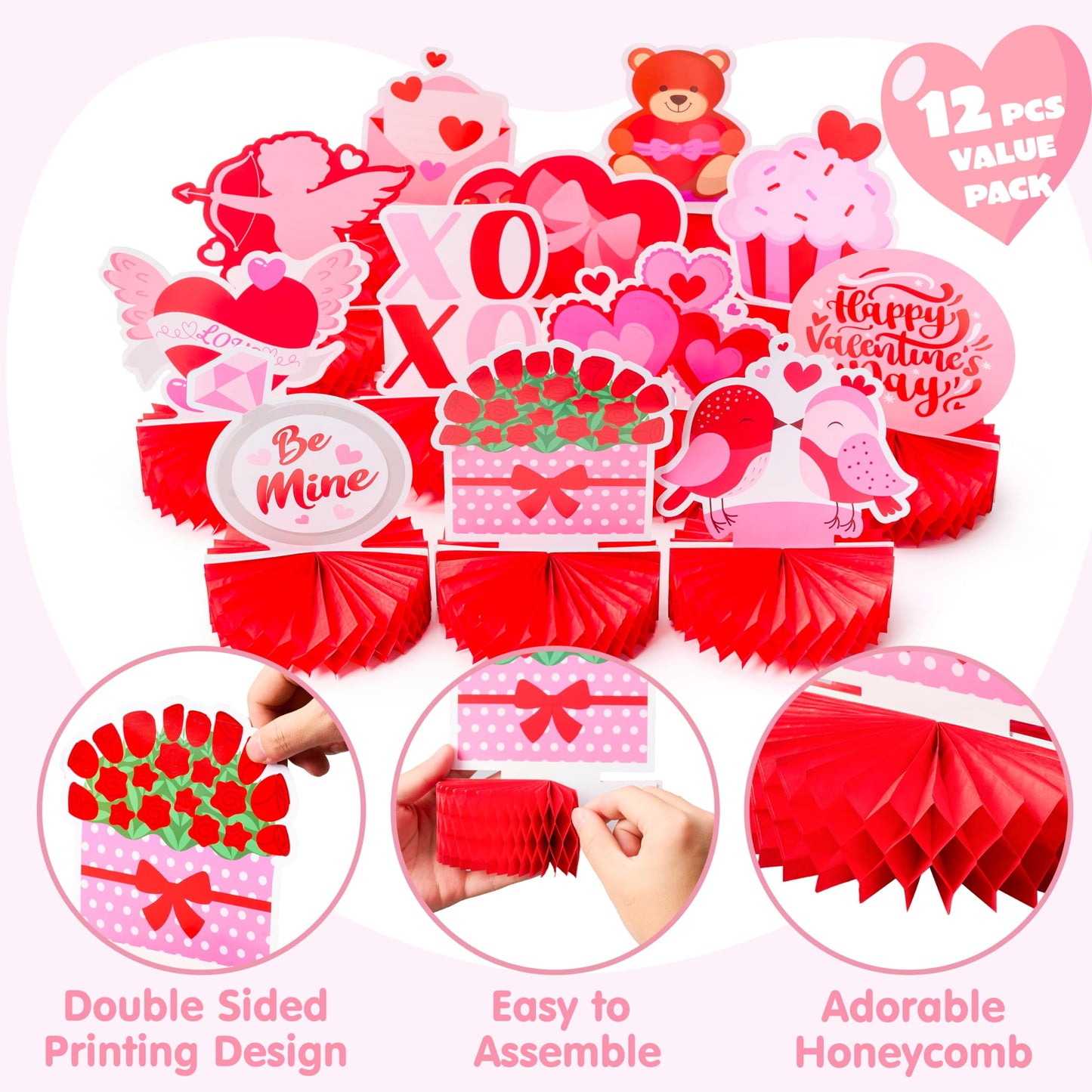 JOYIN 12 Pcs Valentine's Day Honeycomb Centerpieces, Table Decorations with Red Pink Heart Bear , Centerpieces Decor for Kids Birthday Valentine's Day