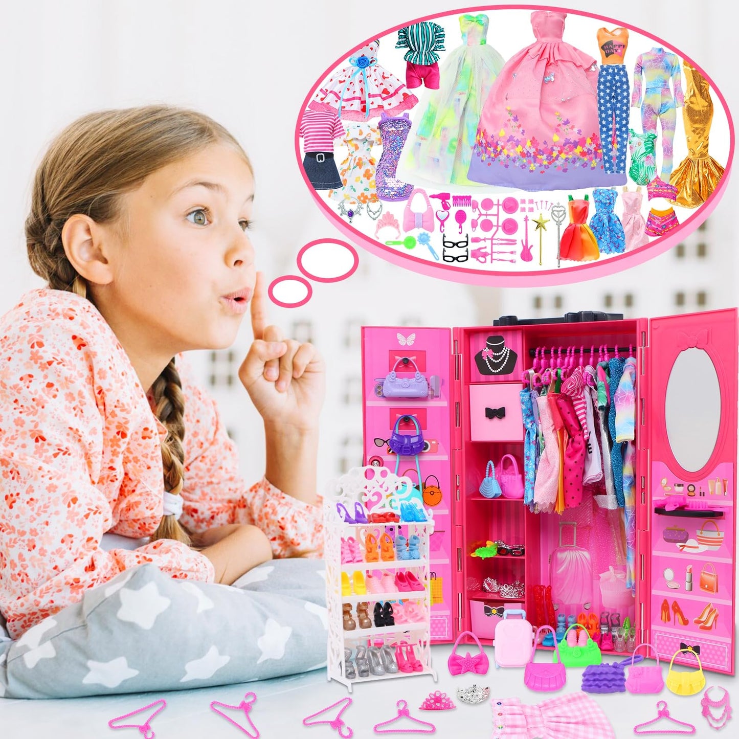 127pcs Doll Clothes Accessories and Closet for 11.5 inch Girl Doll,Dollhouse Wardrobe Storage Fashion Dress Gowns Outfits Swimsuits Tops Bottoms Shoe