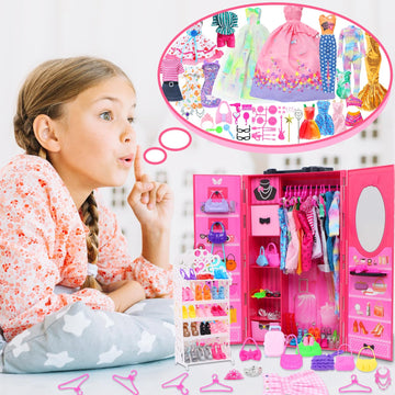 127pcs Doll Clothes Accessories and Closet for 11.5 inch Girl Doll,Dollhouse Wardrobe Storage Fashion Dress Gowns Outfits Swimsuits Tops Bottoms Shoe