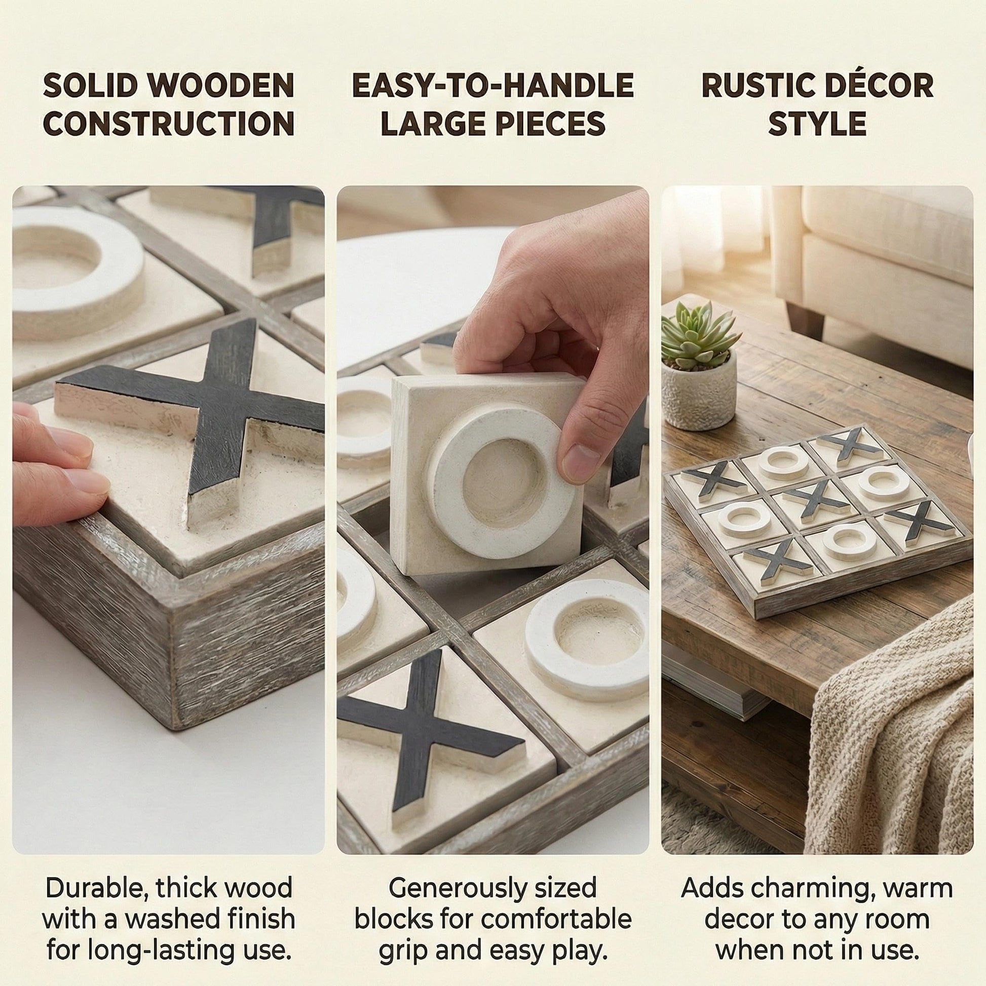 JEVERGN 12.6" Large Wooden Tic Tac Toe Game, Rustic Coffee Table Game, Wood Farmhouse Tic Tac Toe Board Game Decor, Family Games for Adult & Kids