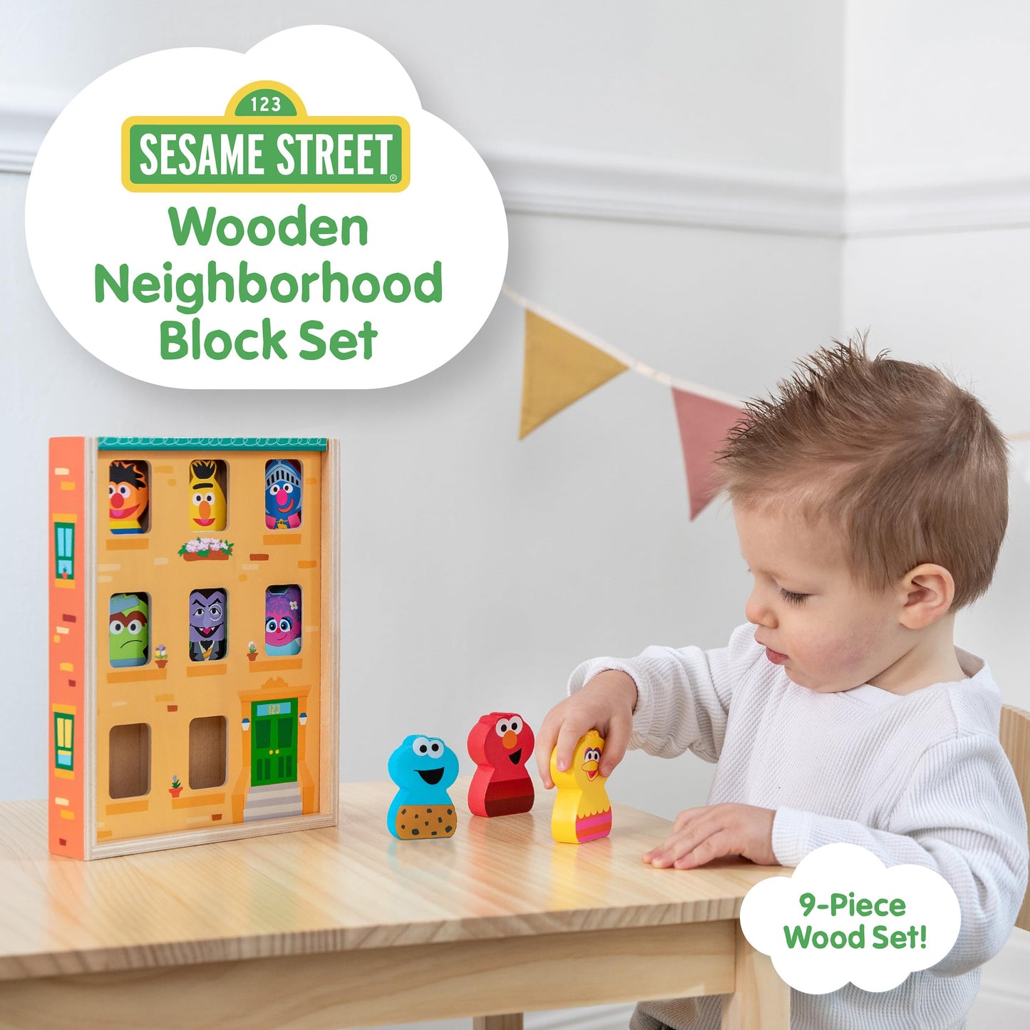 Kids Preferred Sesame Street Wooden Neighborhood Block Set with Storage Case, Toddler Sorting and Matching Blocks
