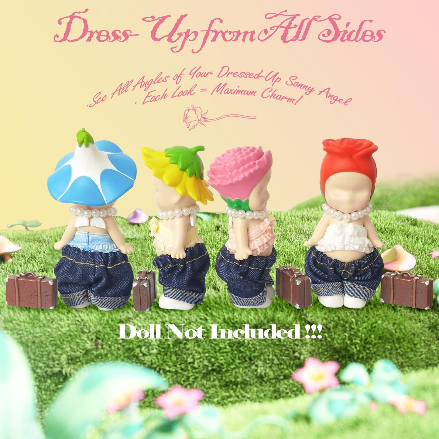 5PCS Doll Clothes for Sonny Angel, Fits 3 Inch Minifigures Outfit Includes Pants, Top, Shoes, Necklace & Suitcase, Cute Display and Decoration