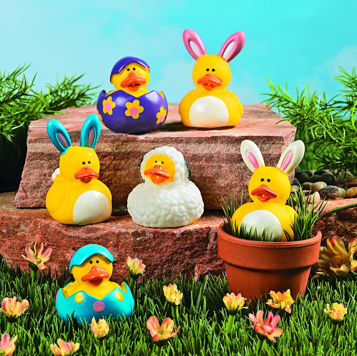 Fun Express Easter Bunny Rubber Duckies, Holiday Toys and Decorations, Treasure Chests Supplies - Pastel (Pink, Yellow, Blue) - 12 Pieces
