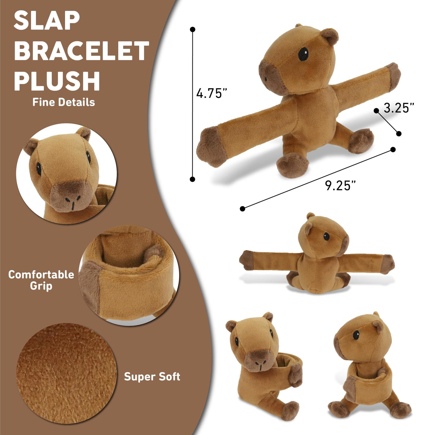 DolliBu Capybara Stuffed Animal Slap Bracelet - Fluffy Wild Animal Magnetic Snap Bracelet for Kids, Wearable Plush Slap Wrist Band Toy for Children's