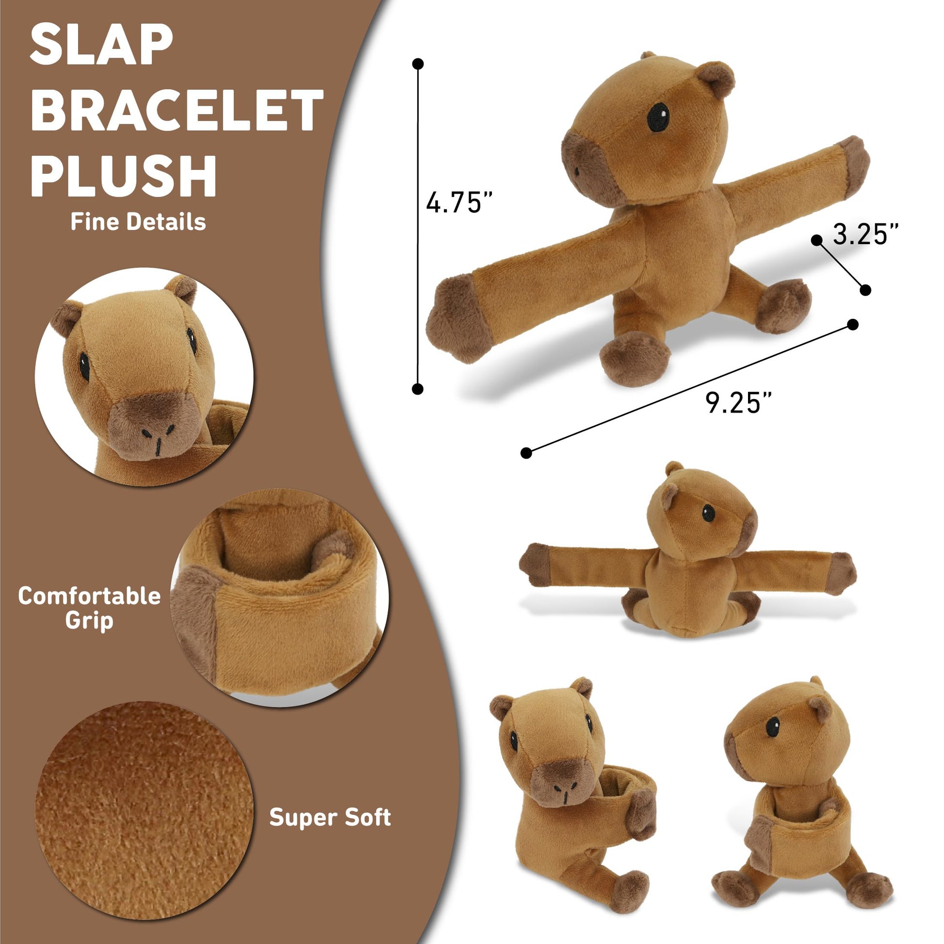 DolliBu Capybara Stuffed Animal Slap Bracelet - Fluffy Wild Animal Magnetic Snap Bracelet for Kids, Wearable Plush Slap Wrist Band Toy for Children's