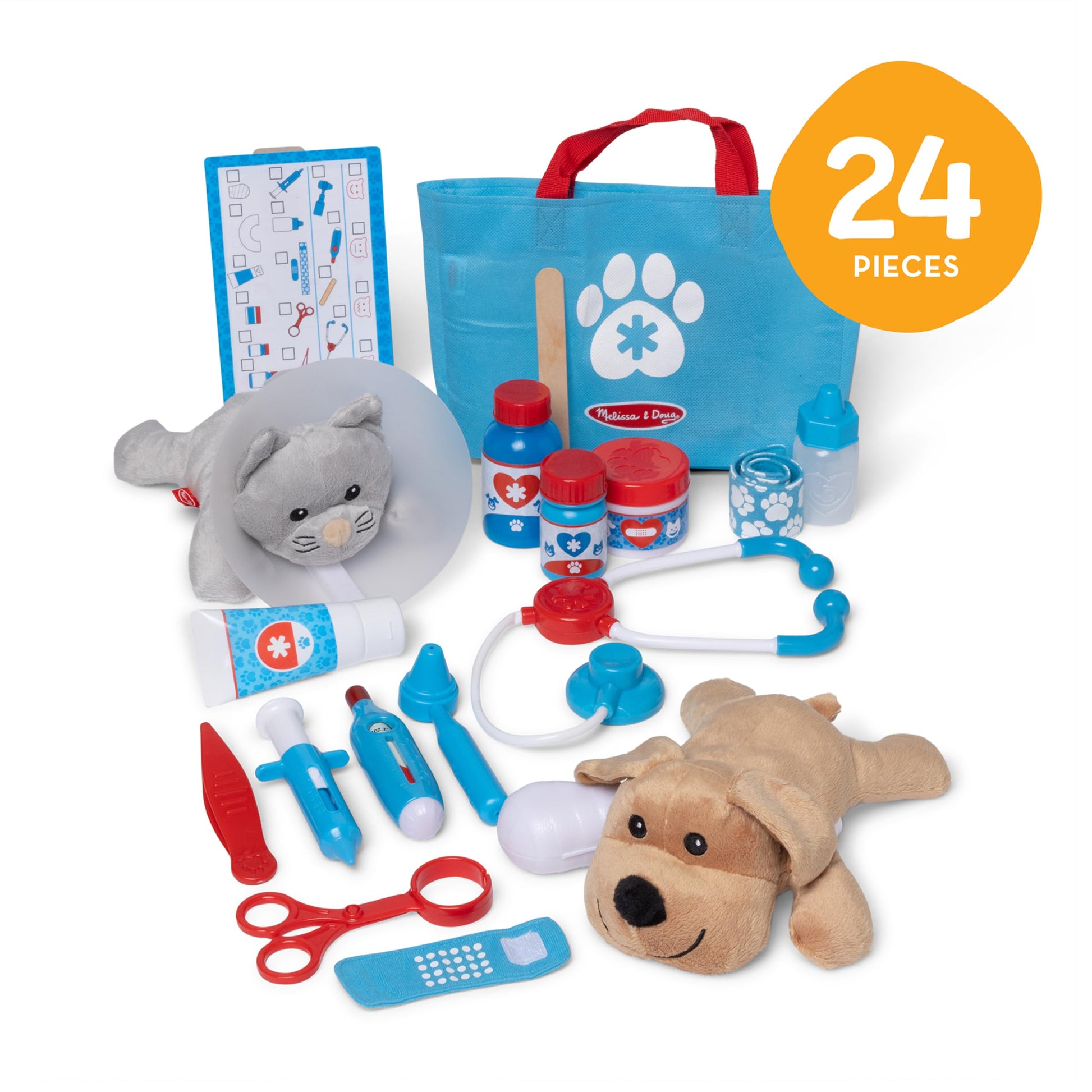 Melissa & Doug Examine and Treat Pet Vet Play Set, 24-Piece Animal Doctor Playset with Dog & Cat Plushies, Pet Doctor Kit & Accessories, Preschool