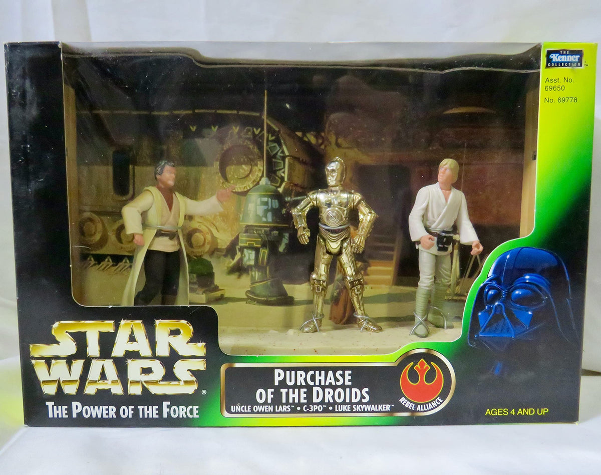 Star Wars The Power of The Force 3-Pack Movie Scene 4 Inch Tall Action Figure Set - Purchase of The Droids with Uncle Owen Lars, C-3PO, and Luke