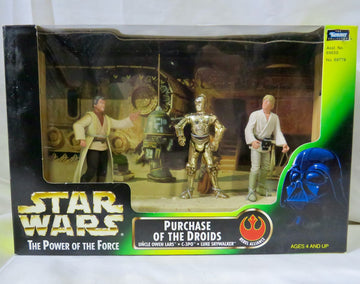 Star Wars The Power of The Force 3-Pack Movie Scene 4 Inch Tall Action Figure Set - Purchase of The Droids with Uncle Owen Lars, C-3PO, and Luke