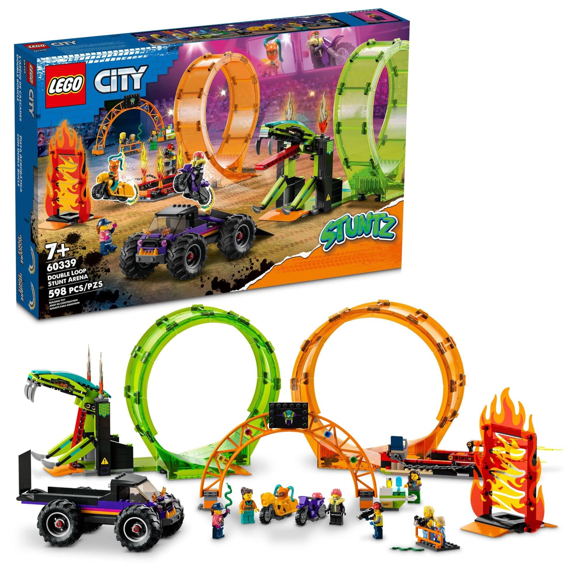 LEGO City Stuntz Double Loop Stunt Arena 60339, Monster Truck Playset with 2 Toy Motorcycles, Ramp, Wall of Flames, Ring of Fire, Snapping Snake Loop