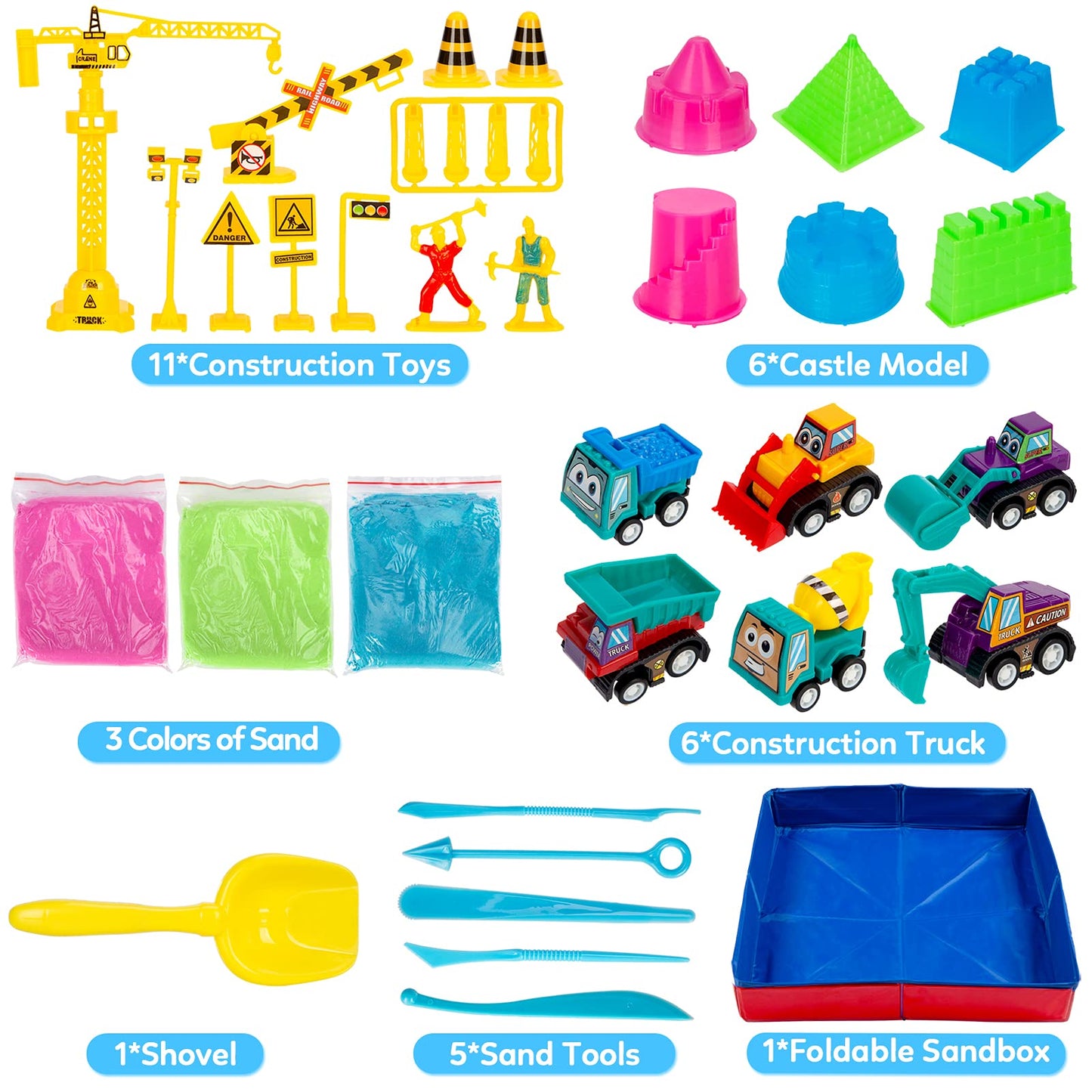 ThinkMax Sand Kit for Kids, 3lbs Sand, 6 Mini Construction Trucks