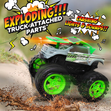 Team Power Exploding Monster Truck Toy with Explosive Crash Sounds and Lights, Smash It Up Again and Again, 8.7” Monster Truck Toys for Boys Kids Ages