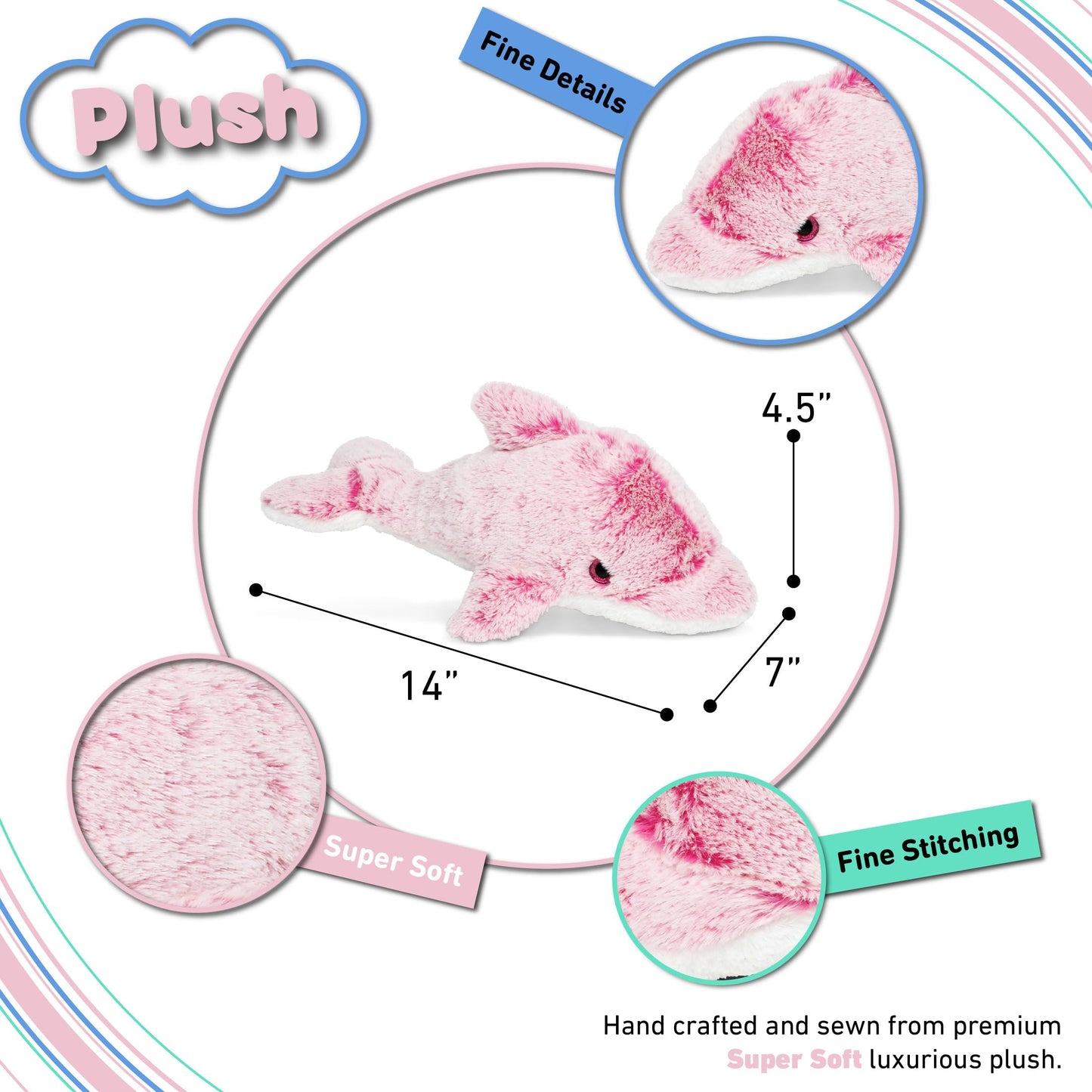 DolliBu Pink Dolphin Super Soft Stuffed Animal, Cute Realistic Stuffed Animals for Girls. Boys and Adults Animal Gifts, Kids Ocean Life Nursery Décor