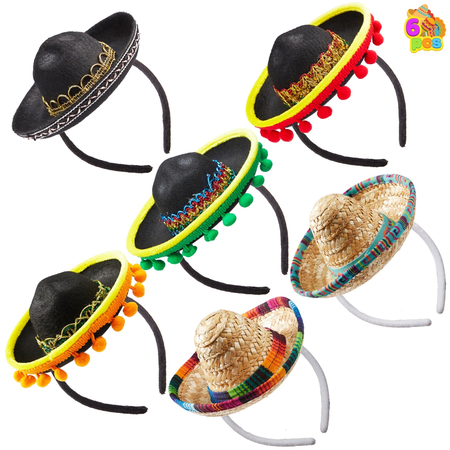 JOYIN 6 PCS Cinco De Mayo Fiesta Fabric and Straw Sombrero Headbands Party Costume for Fun Fiesta Hat Party Supplies, Luau Event Photo Props, Mexican