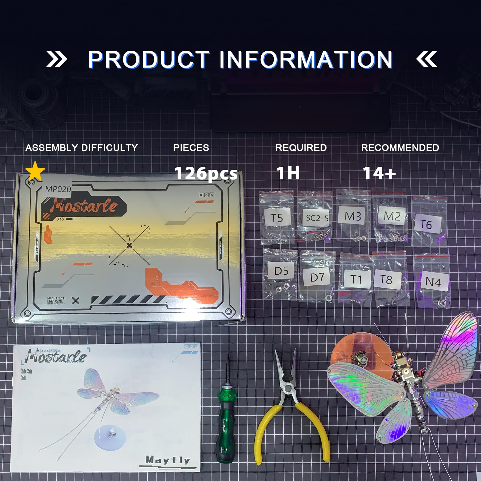 Arcynix Mostarle Mayfly 3D Metal Puzzle Kit, 126 Pieces Magnetic DIY Cyberpunk Insect Model, Mechanical Sculpture for Adults and Teens 14+, Collectors